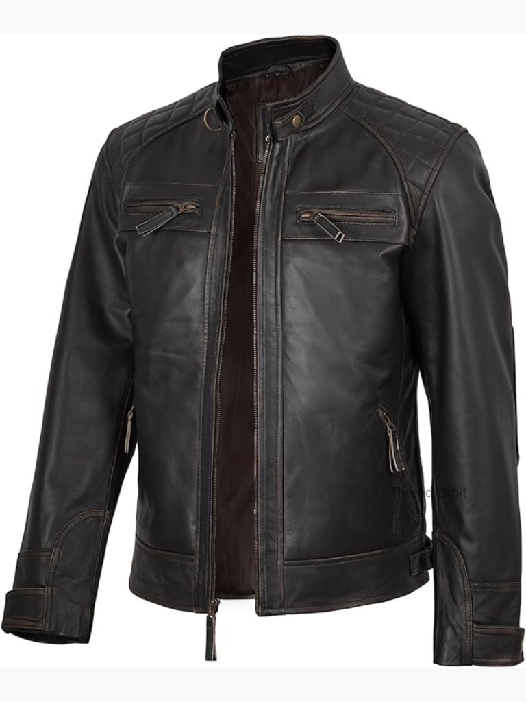 Men's Quilted Cafe Racer Leather Jacket Lambskin